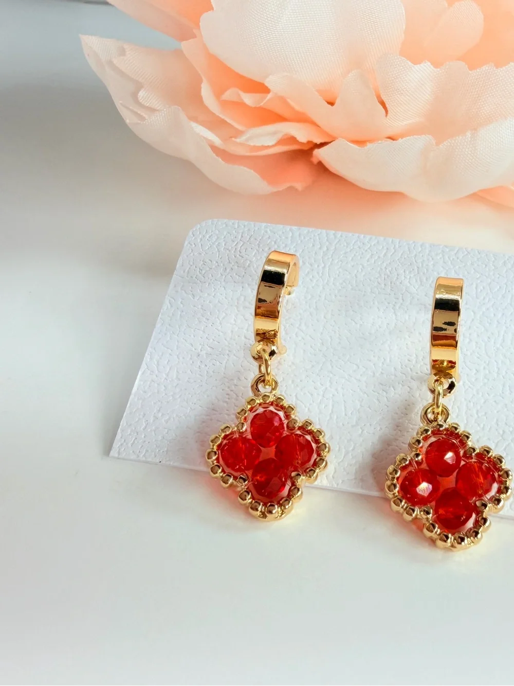 Gold Hoop Earrings with Red Crystal Clover Drops